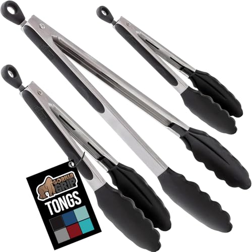 GORILLA GRIP Stainless Steel Kitchen Tongs, 7" 9" 12" - Black