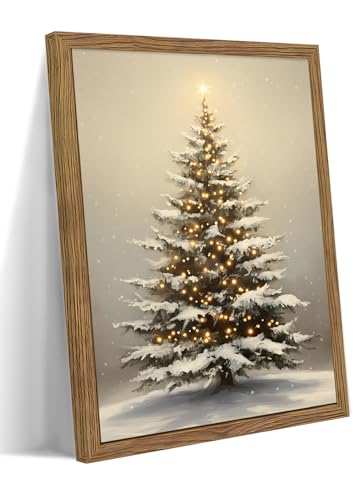 Christmas Tree Wall Decor Framed Snowy Holiday Canvas Art - 24x16 Inches
