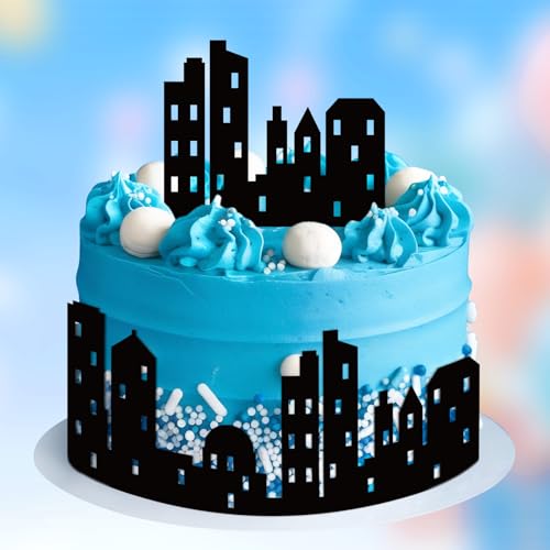 Lemicin 6 Pcs City Cake Side Borders - Black Double-Sided Lighted Skyline Cake Toppers for Birthday Parties
