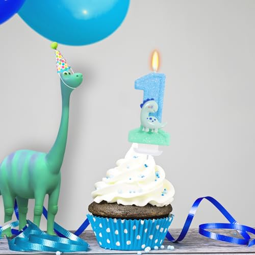Blue Dinosaur Number 1 Birthday Candle - First Birthday Cake Topper