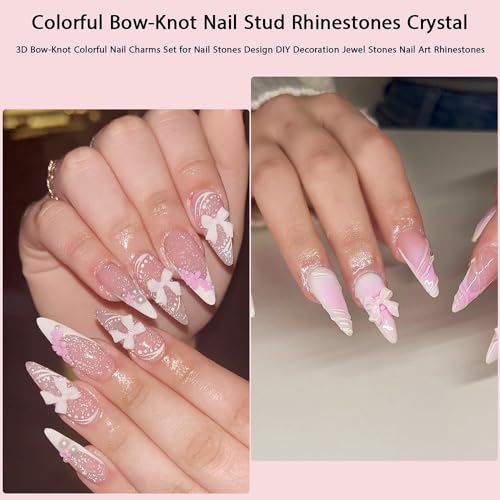 Qdsuh 3D Acrylic Bow Nail Charms with Pearls in 6 Colors for DIY Manicure