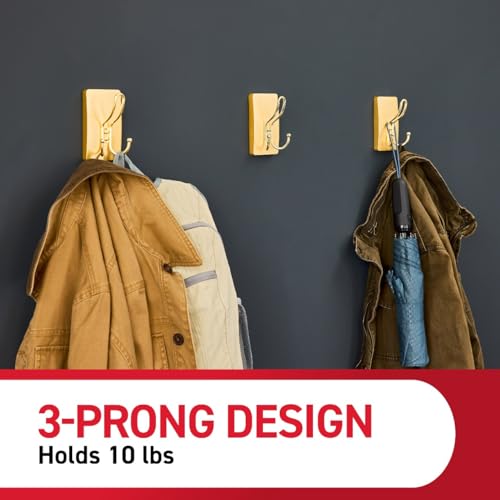Command X-Large Brass Triple Hook with Adhesive Strips - 10 lb Capacity