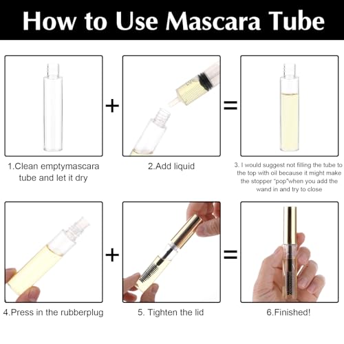 Tucnoeu 10ml Empty Mascara Tubes with Wands 5 Pcs - Gold Clear Refillable Castor Oil & Eyelash Serum Bottles