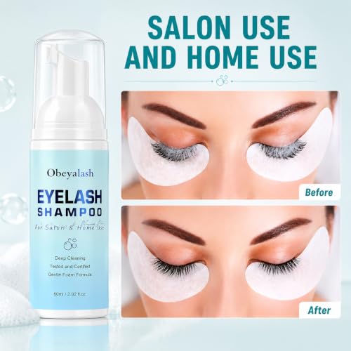 Obeyalash Eyelash Extension Shampoo Kit - 60ml Oil-Free Foam Cleanser with Rinse Bottle and Brush