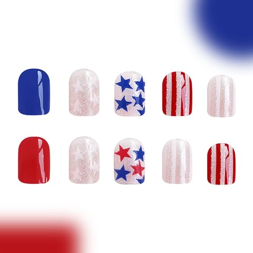 4th of July Short Square Press on Nails Red White Blue Star Fake Nails