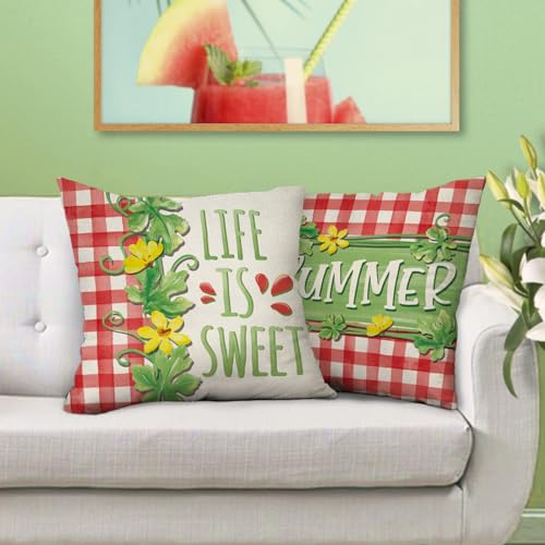 Summer Watermelon Throw Pillow Covers Set of 4 - 16x16 Cotton Linen