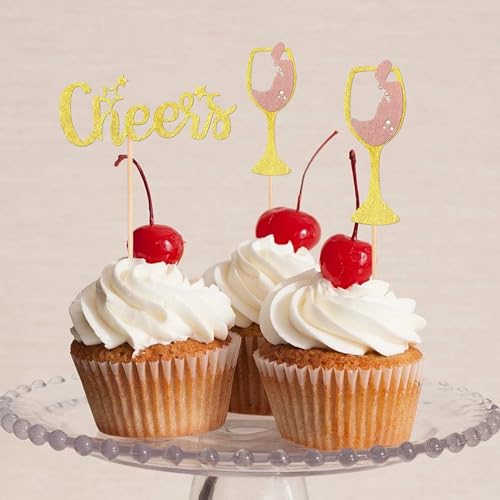 12 Pcs Rose Gold Glitter Cheers Cupcake Toppers Set