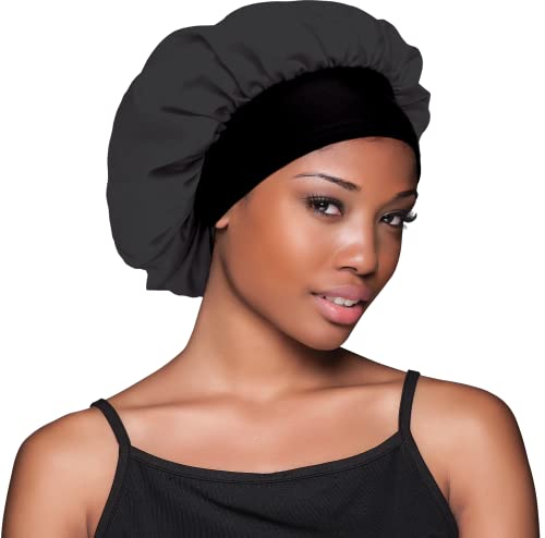 Evolve Satin Wide Edge Sleep Bonnet, Black Hair Care Cap