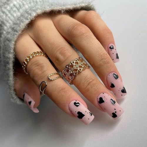 Black Heart Press on Nails Square Matte Pink Acrylic False Nails 24pcs