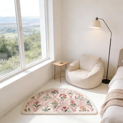 Spring Floral Bathroom Rug 32" x 20" - Soft Boho Bath Mat (Semicircular, Red)