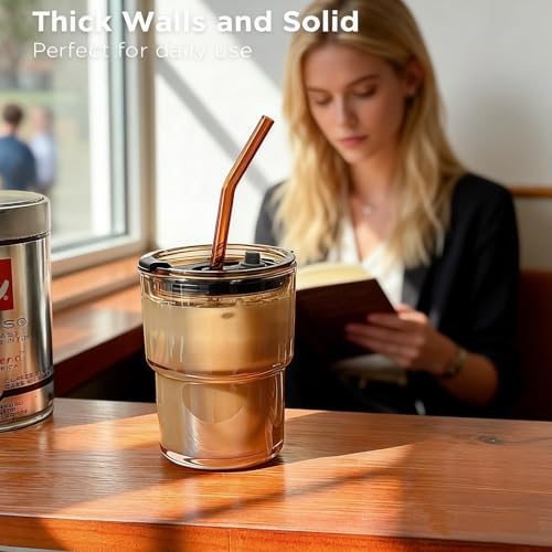Olvini 13oz Glass Tumbler with Straw & Lid - Reusable Iced Coffee Cup