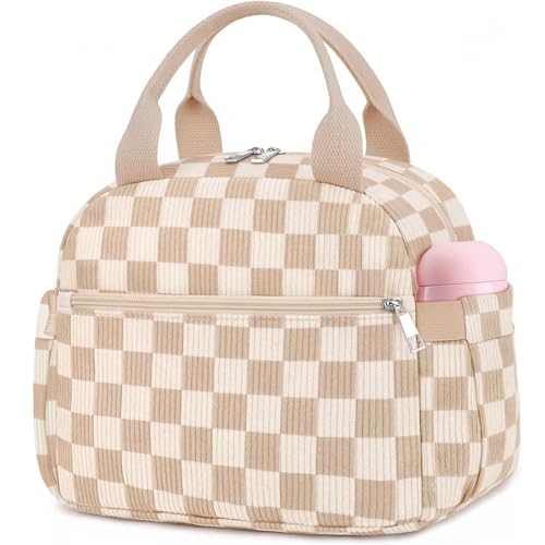KUBYA Corduroy Insulated Lunch Bag for Women, Medium 10L Brown Girds