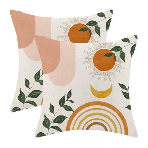 Mid Century Abstract Pillow Covers 18x18 (Set of 2) - Boho Orange & Green Leaf Design