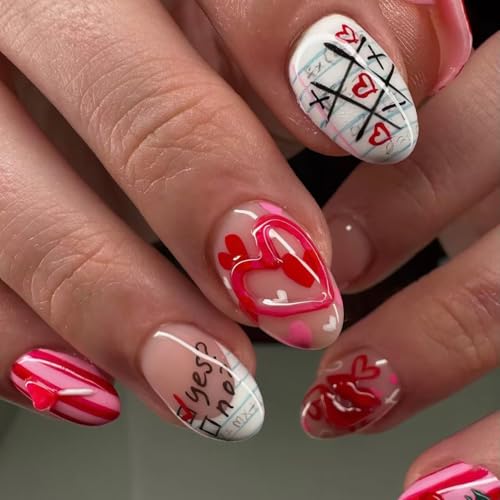 Valentines Press on Nails Short Almond French Tip Fake Nails 30pcs