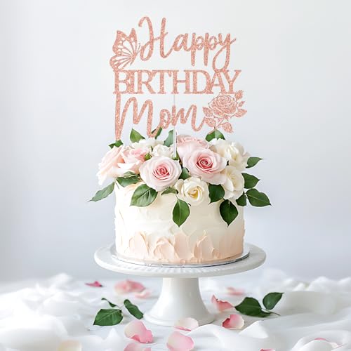 Happy Birthday Mom Cake Topper - Rose Gold Glitter Decoration