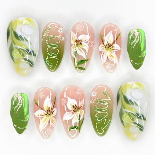 GUAACCB Green Floral Press on Nails Medium Almond Fake Nails 30Pcs