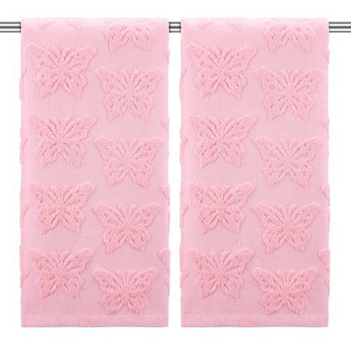 Light Pink Butterfly Hand Towels - 100% Cotton, 2 Pack