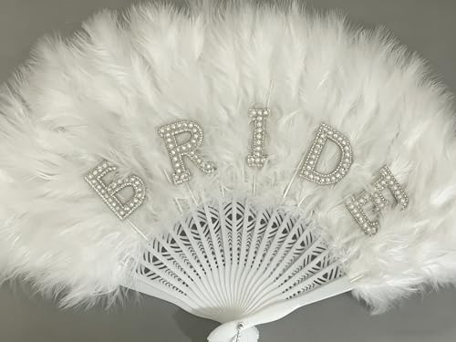White Feather Bridal Hand Fan with Rhinestones for Wedding & Bachelorette Parties