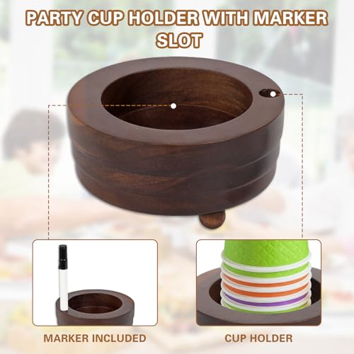 Qivine Acacia Wood Cup Holder with Marker Slot for Party Cups