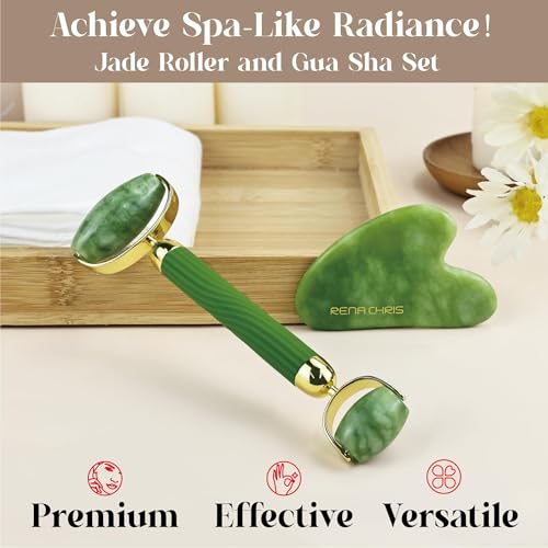 Rena Chris Jade Roller and Gua Sha Set for Face - Anti-Breakage Green Xiuyan Stone