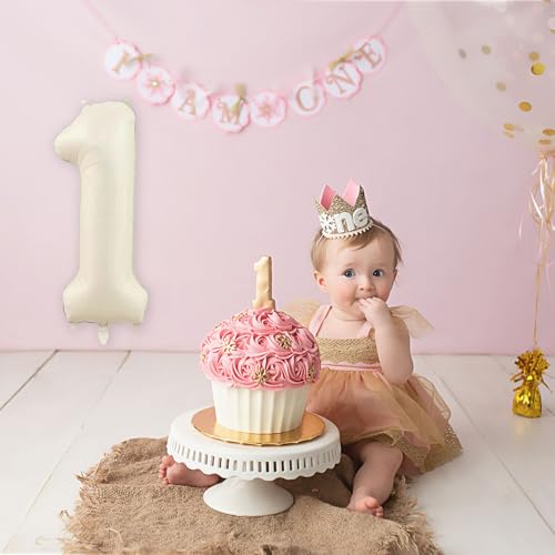 Fezava 40 Inch Cream Number 1 Balloon for 1st Birthday Party Decorations