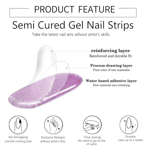 WOKOTO Purple Cat Eye Semi-Cured Gel Nail Strips UV Wraps 20 Tips