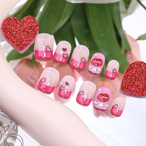 Valentine Press on Nails Short Square Pink Fake Nails with Heart and Lips