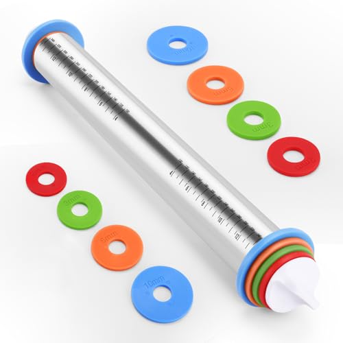 AOAONIU 17-Inch Adjustable Stainless Steel Rolling Pin with Thickness Rings