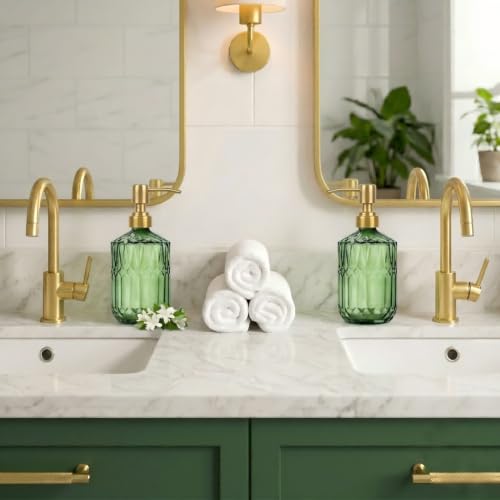 Elegant Green Glass Soap Dispenser with Rust-Proof Pump - 15.4 Oz