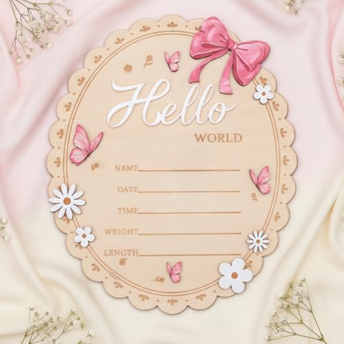Hello World Wooden Baby Birth Announcement Sign - Oval Floral Keepsake