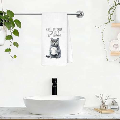 British Shorthair Cat Bathroom Hand Towels - Can I Interest You in a But Napkin - Cat Lover Gift - 16x25 Inch - Variation: Cat Towels-az