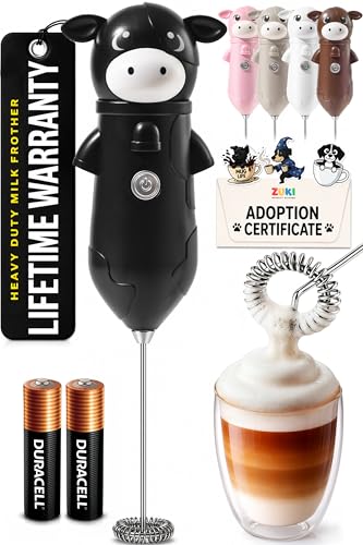 Zulay Kitchen Cow Milk Frother Wand – Betsy The Cute Handheld Coffee Frother for Lattes, Cappuccino & Matcha, Black