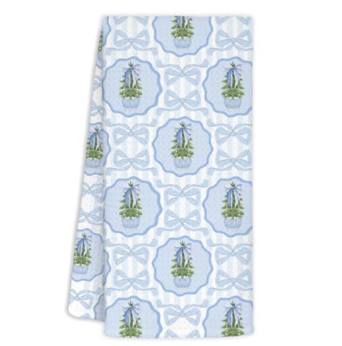 Christmas Blue Bow Tree Chinoiserie Kitchen Towels - Holiday Hand & Dish Towels
