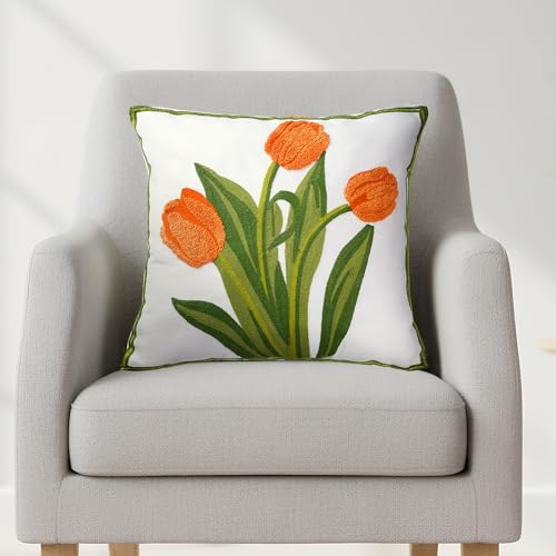 Miayon Embroidered Boho Floral Pillow Cover, 18x18 Inch - Orange Cotton