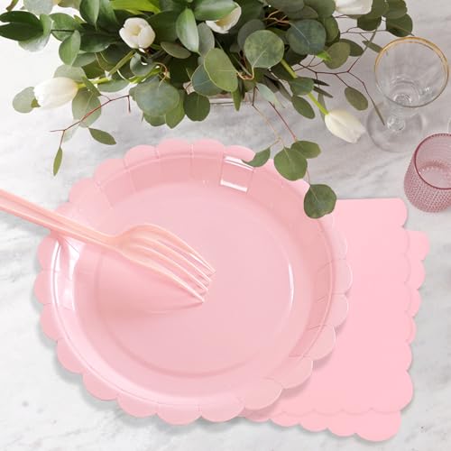 Pink Scalloped Paper Plates & Napkins Set for Parties - 25 Guests