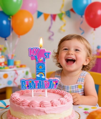 Number 1 Rainbow Birthday Candle - Cute Pink 1st Birthday Cake Topper