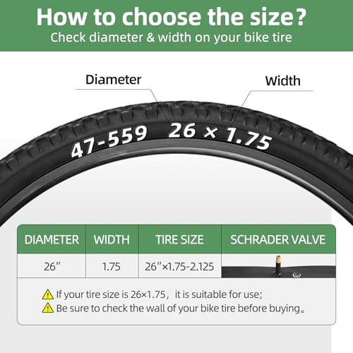 26" Bike Tube, 2PCS Bicycle Inner Tube Compatible for 26 Inch x 1.75/1.95/2.10/2.125 Bike Tire,Mountain Bike Inner Tube with 32mm Schrader Valve, Butyl Rubber Inner Tube for MTB Road Bike, 2PCS Levers