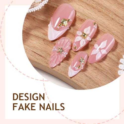 24Pcs Medium Almond Press on Nails with 3D Floral French Tip Design