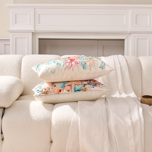 Coastal Lumbar Pillow Covers 12x20 Inch Set of 2, Beach Nautical Cushion Cases