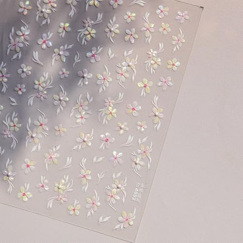 5D Embossed Flower Nail Art Stickers - White Peach Blossom Decals