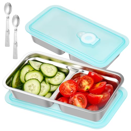 2-Pack Stainless Steel Snack Containers with Lids & Forks - Blue
