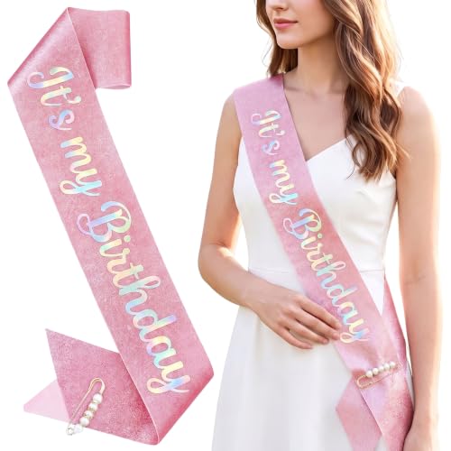It's My Birthday Pink Glitter Sash with Pearl Pin for Women