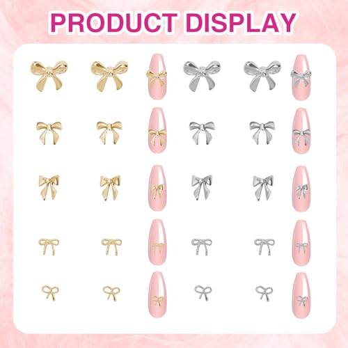 200 Pcs Gold and Silver Bow Nail Charms 3D Alloy Bows