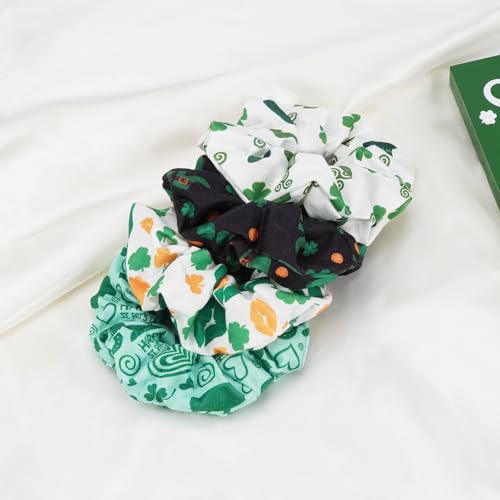 St Patrick's Day Hair Scrunchies 4-Pack Green Shamrock Irish Ponytail Holders