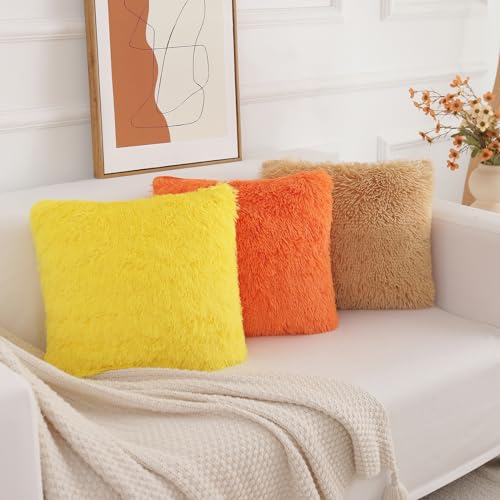 Yellow Faux Fur Throw Pillow Covers Set of 2 - 18x18 Inch