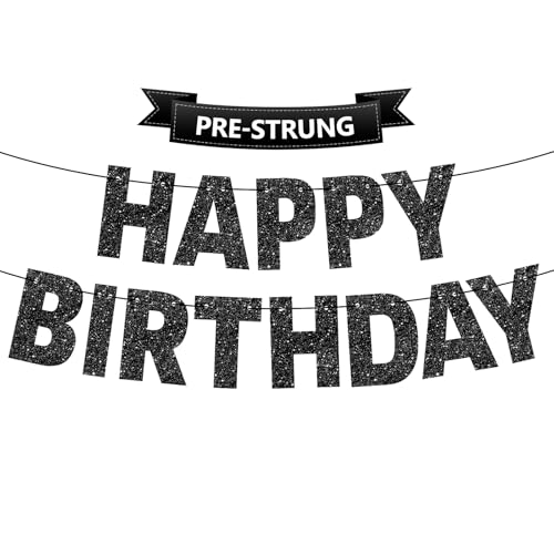 Black Glitter Happy Birthday Banner - Pre-Strung Party Decoration