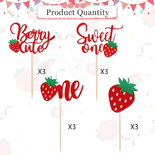 Glitter Strawberry 1st Birthday Cupcake Toppers - 12 Pcs Sweet One Party Supplies