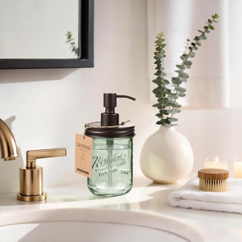16oz Green Glass Mason Jar Soap Dispenser, Wide Mouth, Bronze