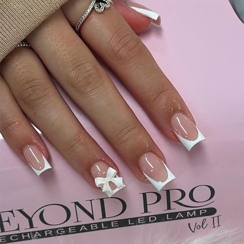 White French Tip Press on Nails Short Square False Nails with Bow