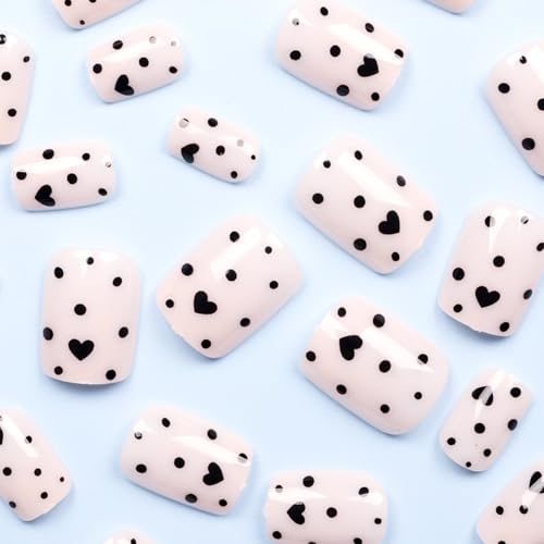 Valentine Short Square Press on Nails Black Heart Glossy 24 Pcs